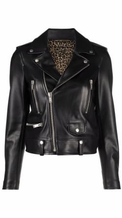 Notch lapel collar leather biker jacket