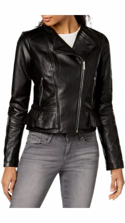 Back frill leather biker jacket