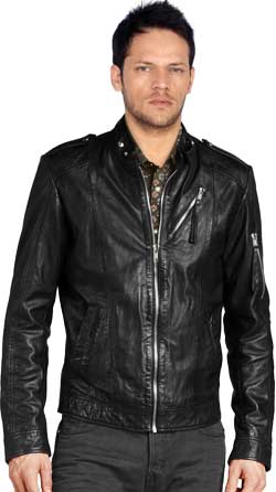 Buy Stand-tab Collared Trendy Leather Biker Jacket