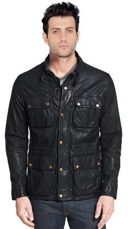 Mens Moto Leather Jacket with Zip and Snap-flap Placket Closure