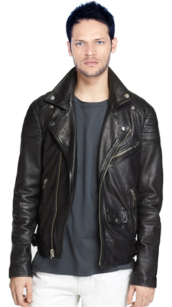Mens Snap Down Collar Leather Biker Jacket with Classic Trim