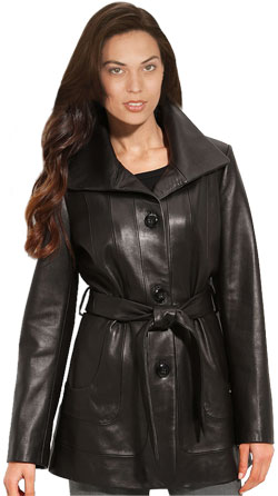 Wing collar front button closure leather coat for women