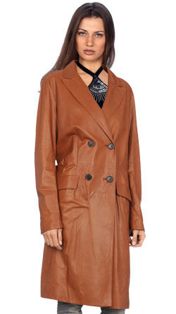 Long stretch leather coat with double breasted closure