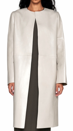 Formal Round Neckline Leather Coat