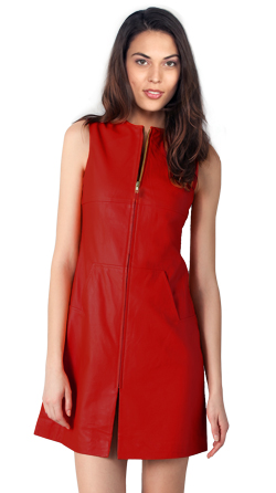 Crew Neck Leather Dress with Uncovered Zipper Closure