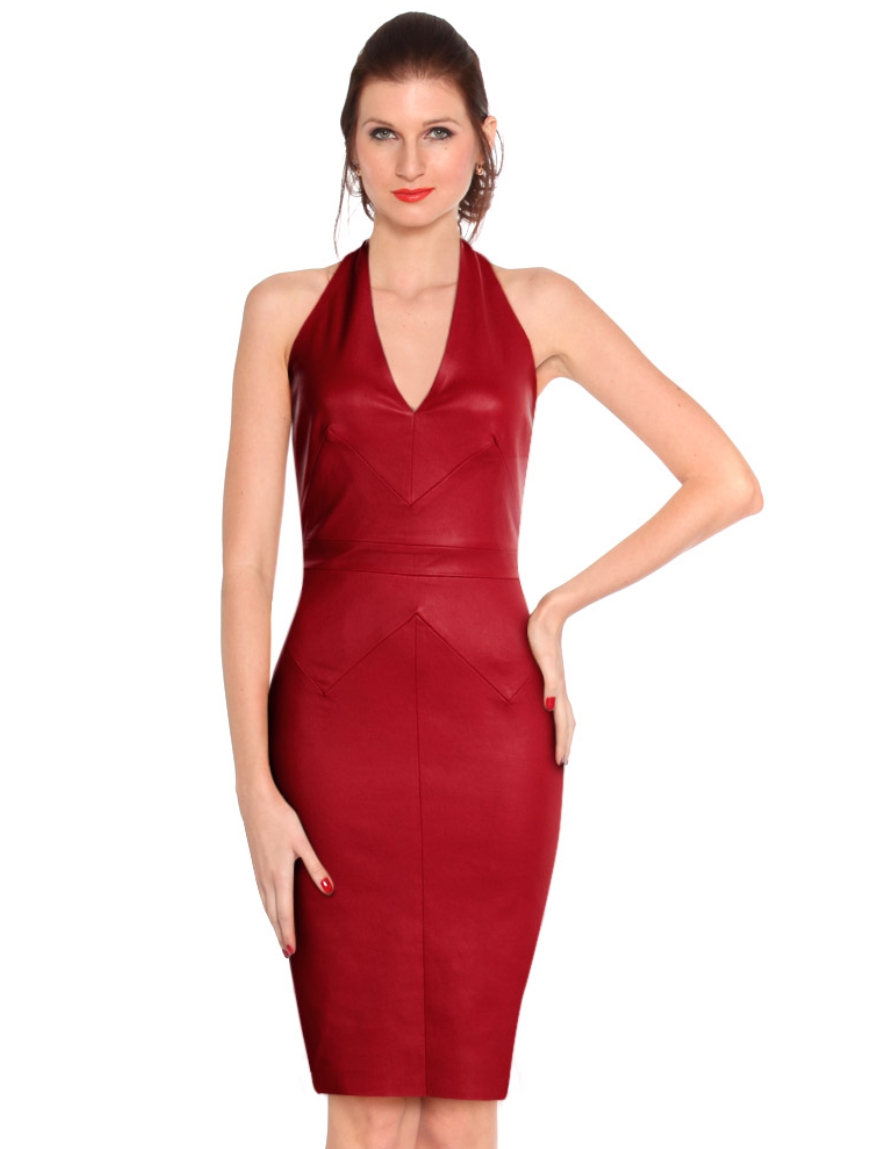 Halter Neck Bodycon Dress In Red Leather Online For Sale