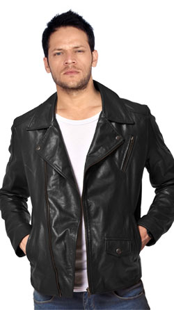 Buy Zipped Leather Jacket with Overlapping Front Flaps
